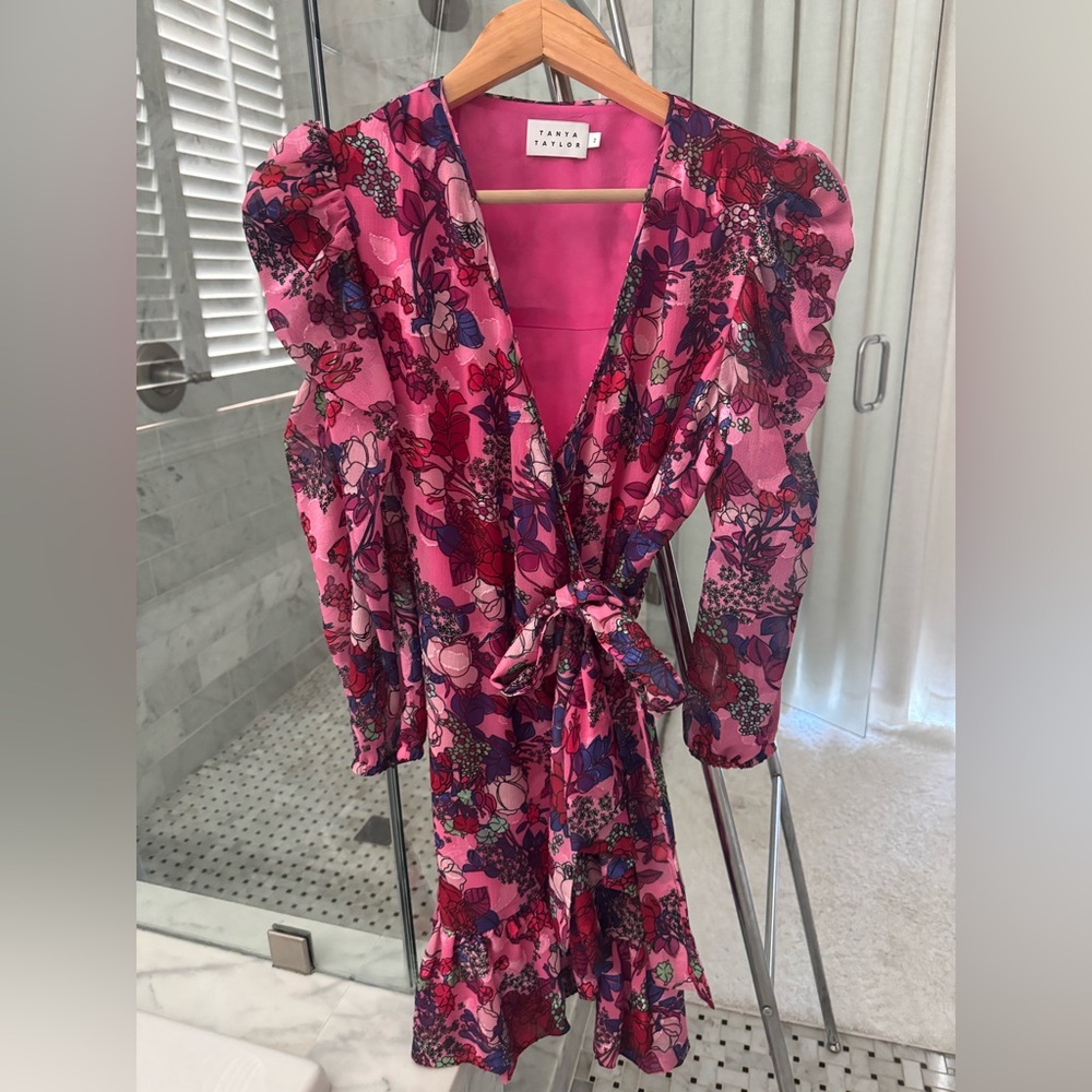 Tanya Taylor pink floral long sleeve warp dress - Picture 3 of 5